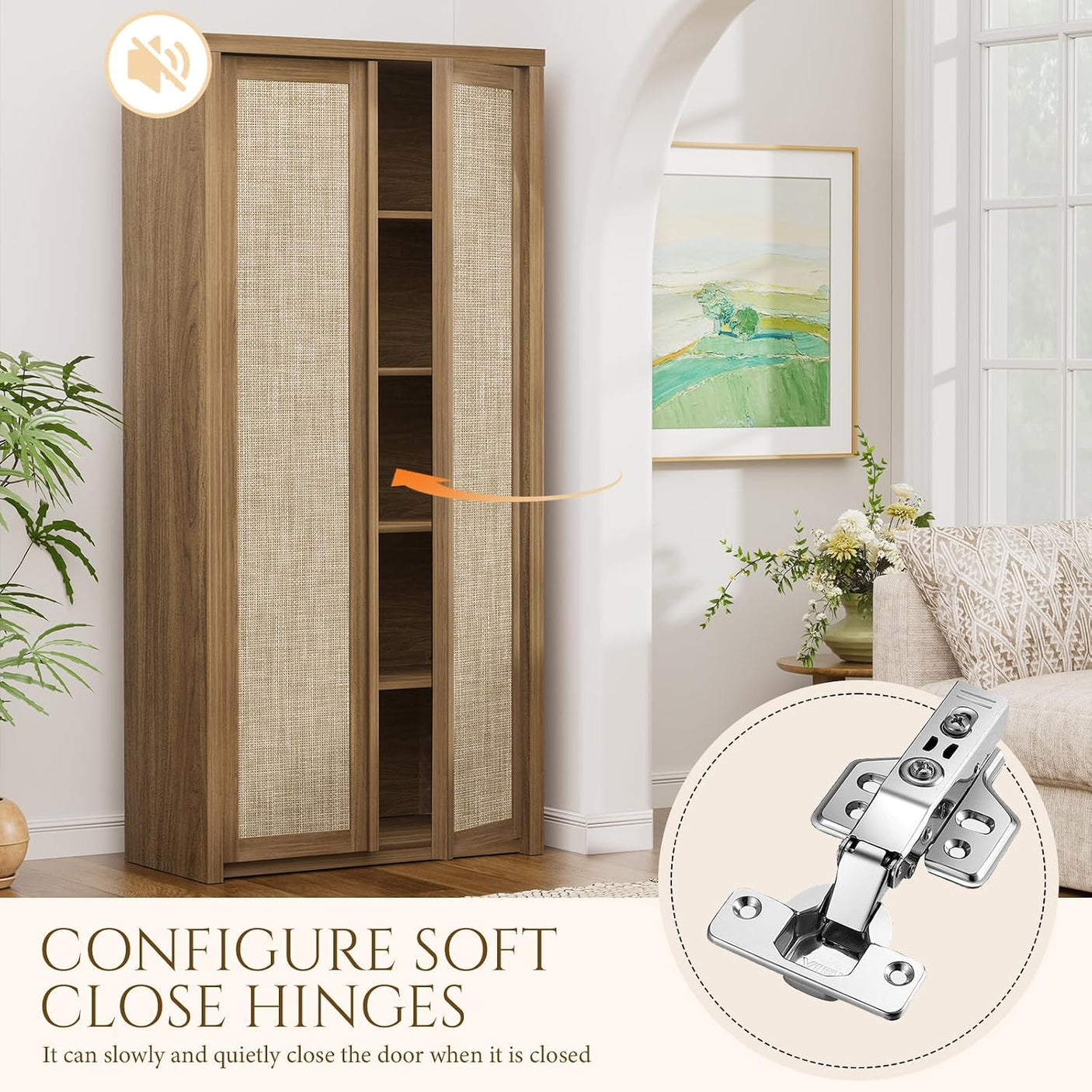 Yechen 67" Tall Rattan Pantry Cabinet with Adjustable Shelves, Dark Walnut/Natural Walnut