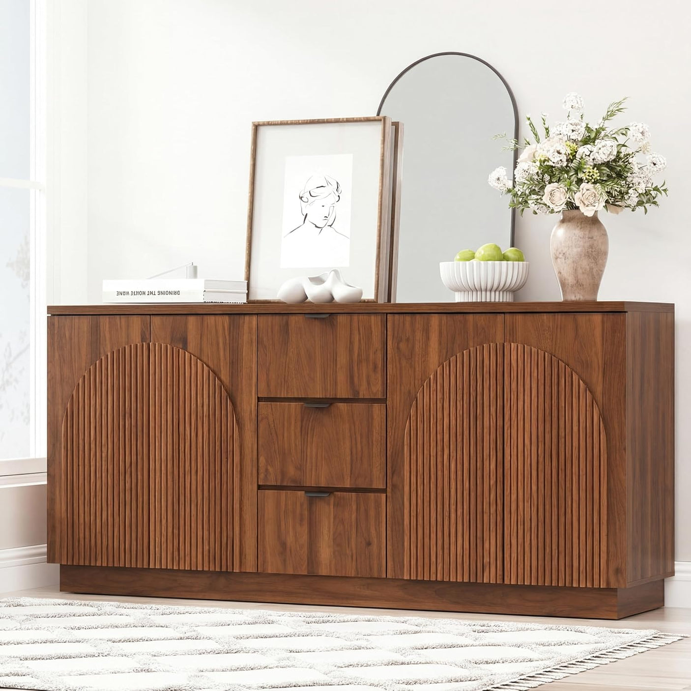 67" Fluted Sideboard Buffet Cabinet with 4 Doors & 3 Drawers - Mid Century Modern Storage