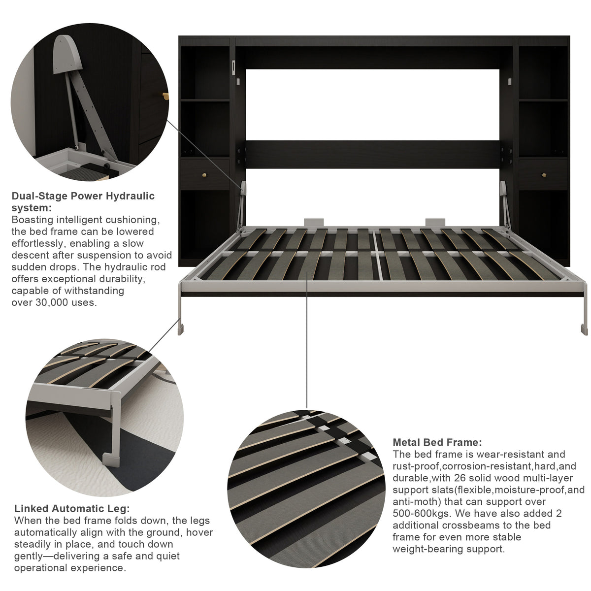 Queen Horizontal Murphy Bed with Storage Cabinets – Black