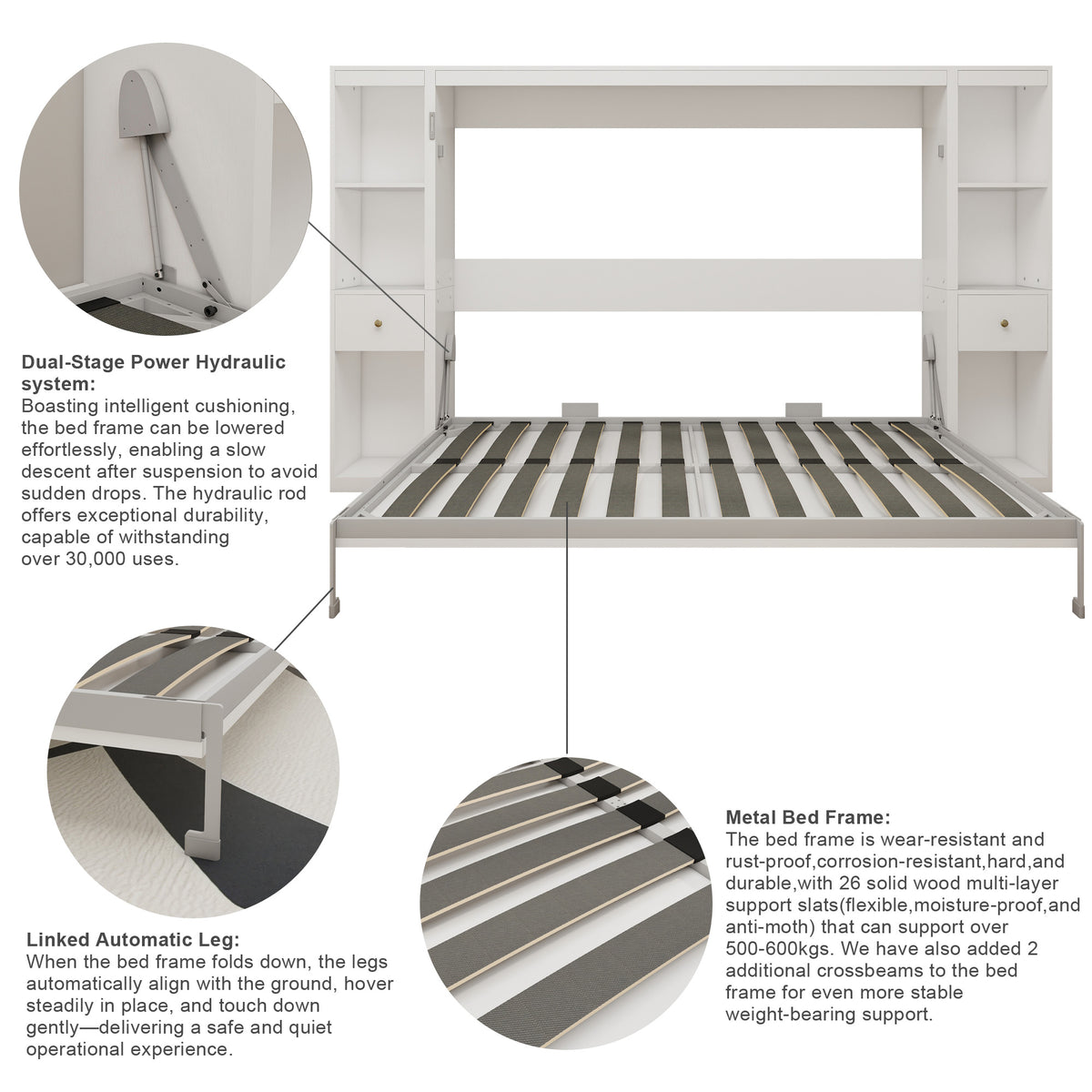 Queen Horizontal Murphy Bed with Storage Cabinets – White