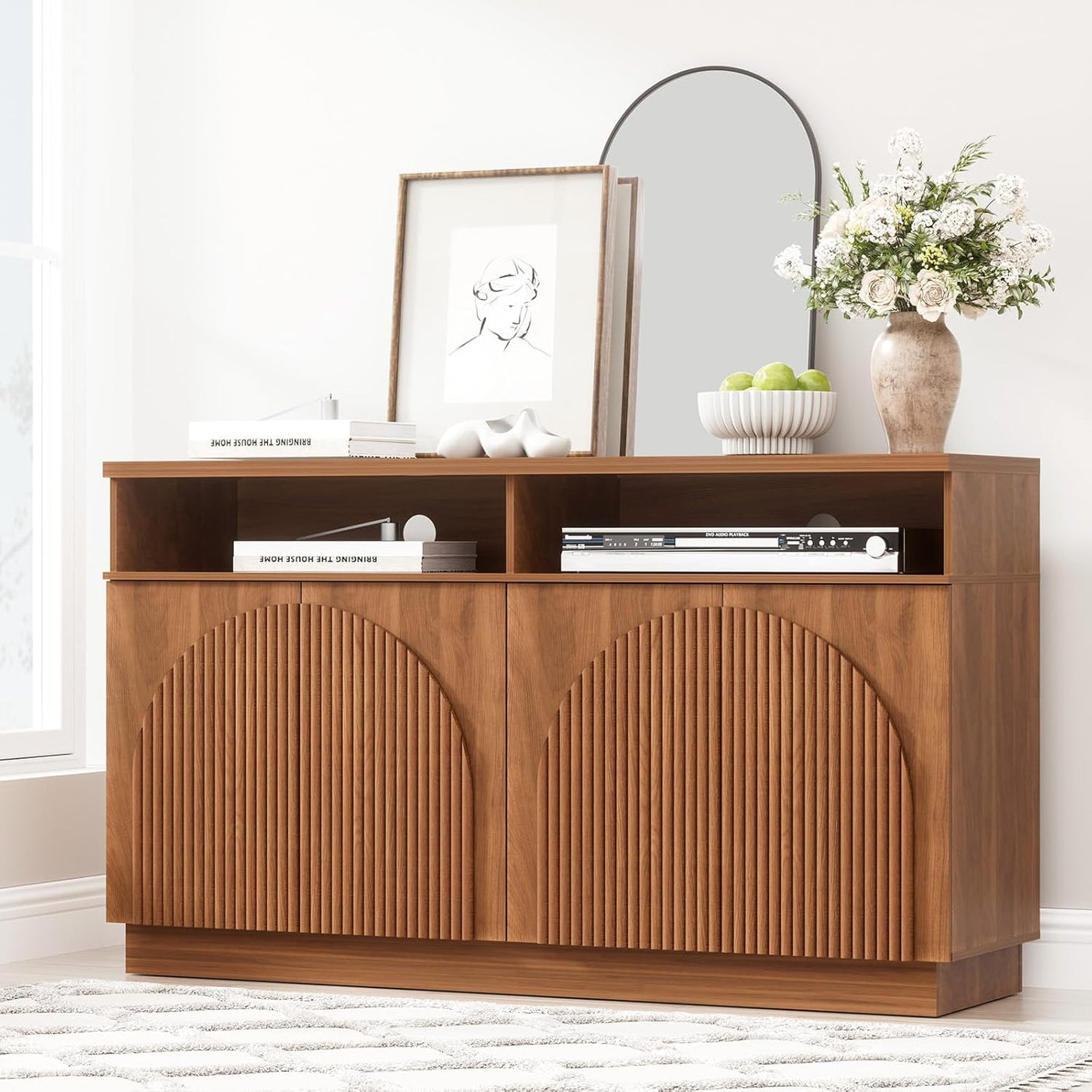 Fluted Sideboard Buffet Cabinet with Arched Reeded Doors - Mid Century Modern Storage