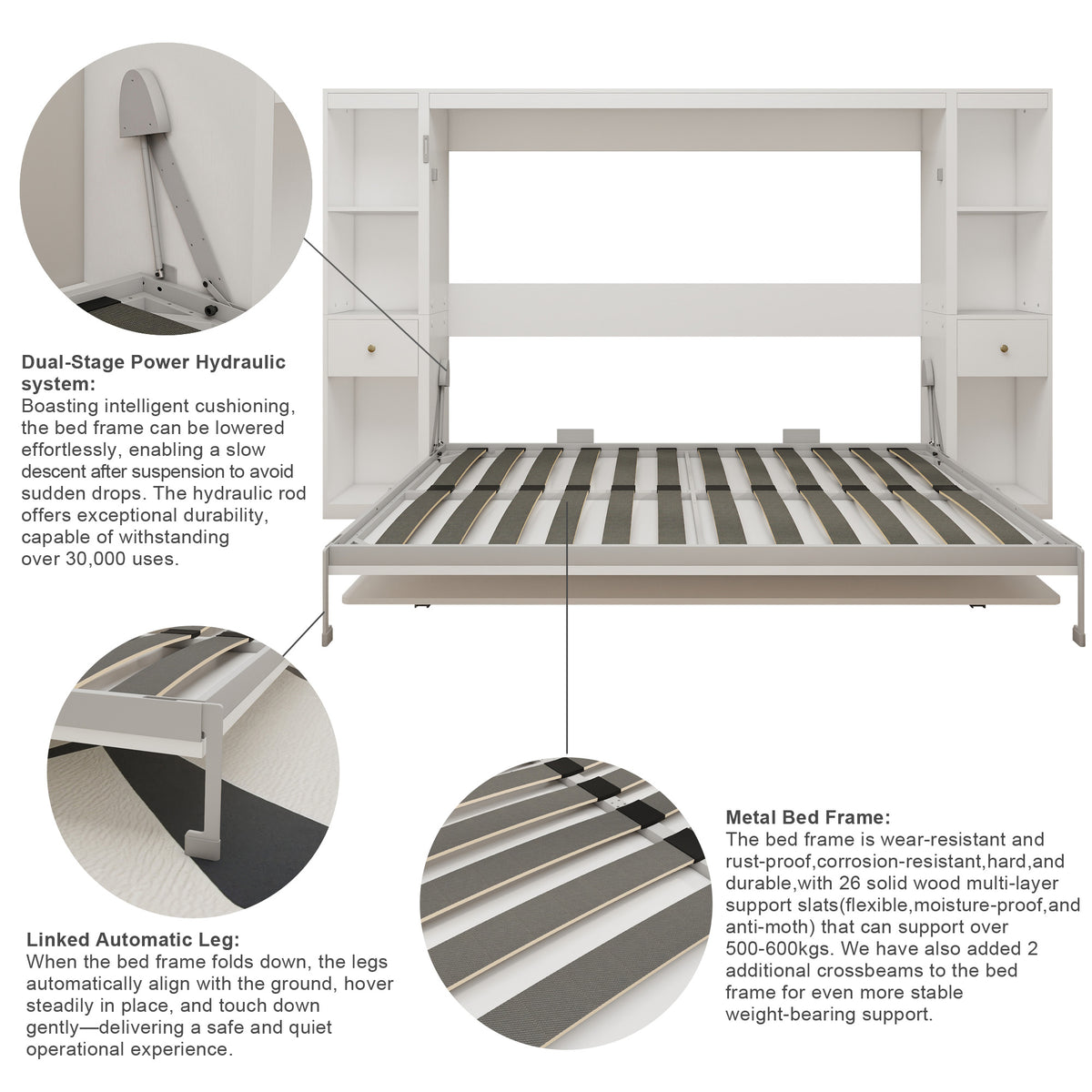 Queen Horizontal Murphy Bed with Desk & Storage – White