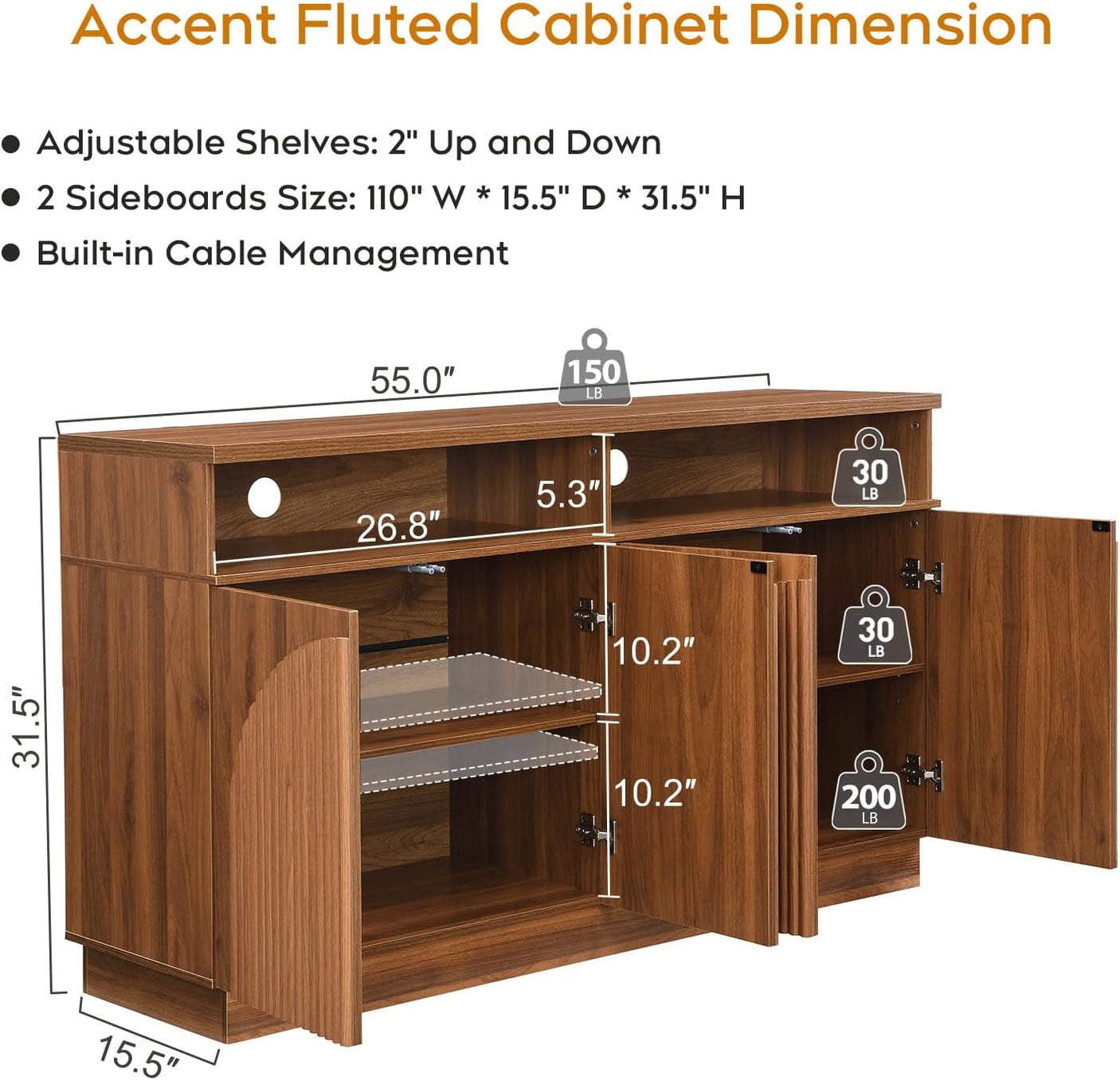 Fluted Sideboard Buffet Cabinet with Arched Reeded Doors - Mid Century Modern Storage