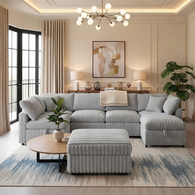 122'' Plush Corduroy Sectional Sleeper Sofa with Pull-Out Bed & Storage Chaise – Gray