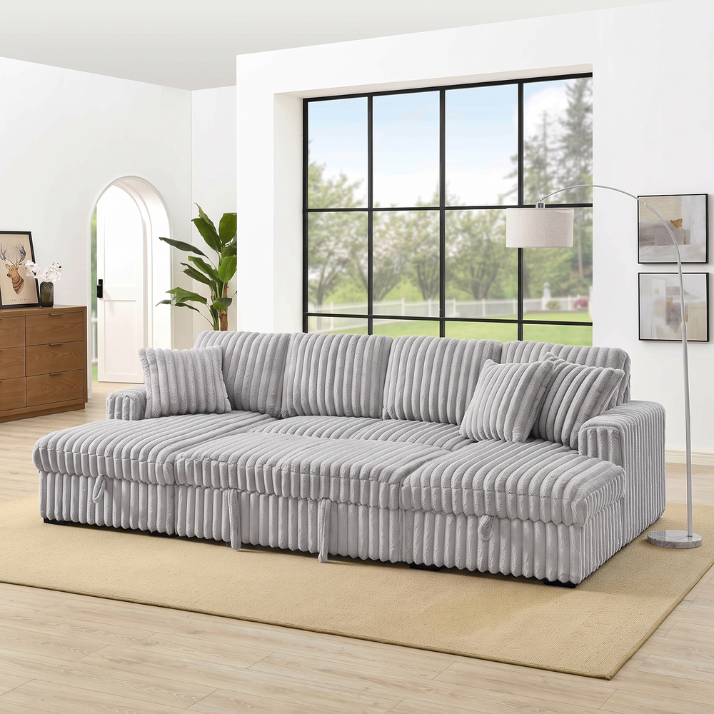 122'' Plush Corduroy Sectional Sleeper Sofa with Pull-Out Bed & Storage Chaise – Gray3
