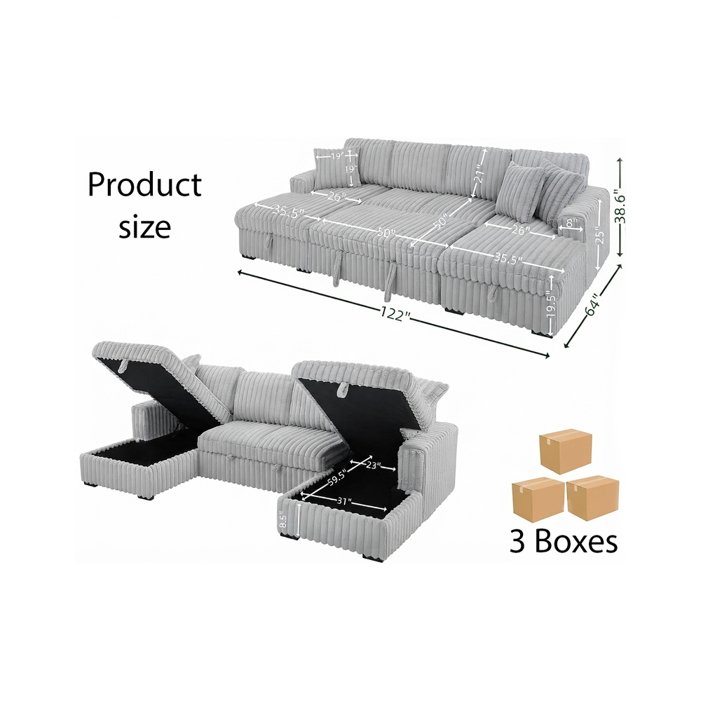 122'' Plush Corduroy Sectional Sleeper Sofa with Pull-Out Bed & Storage Chaise – Gray6