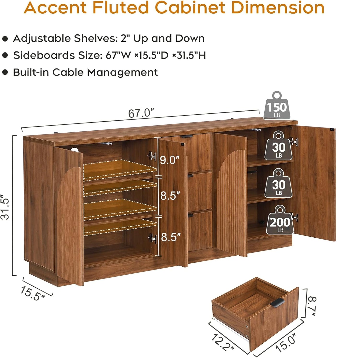 67" Fluted Sideboard Buffet Cabinet with 4 Doors & 3 Drawers - Mid Century Modern Storage
