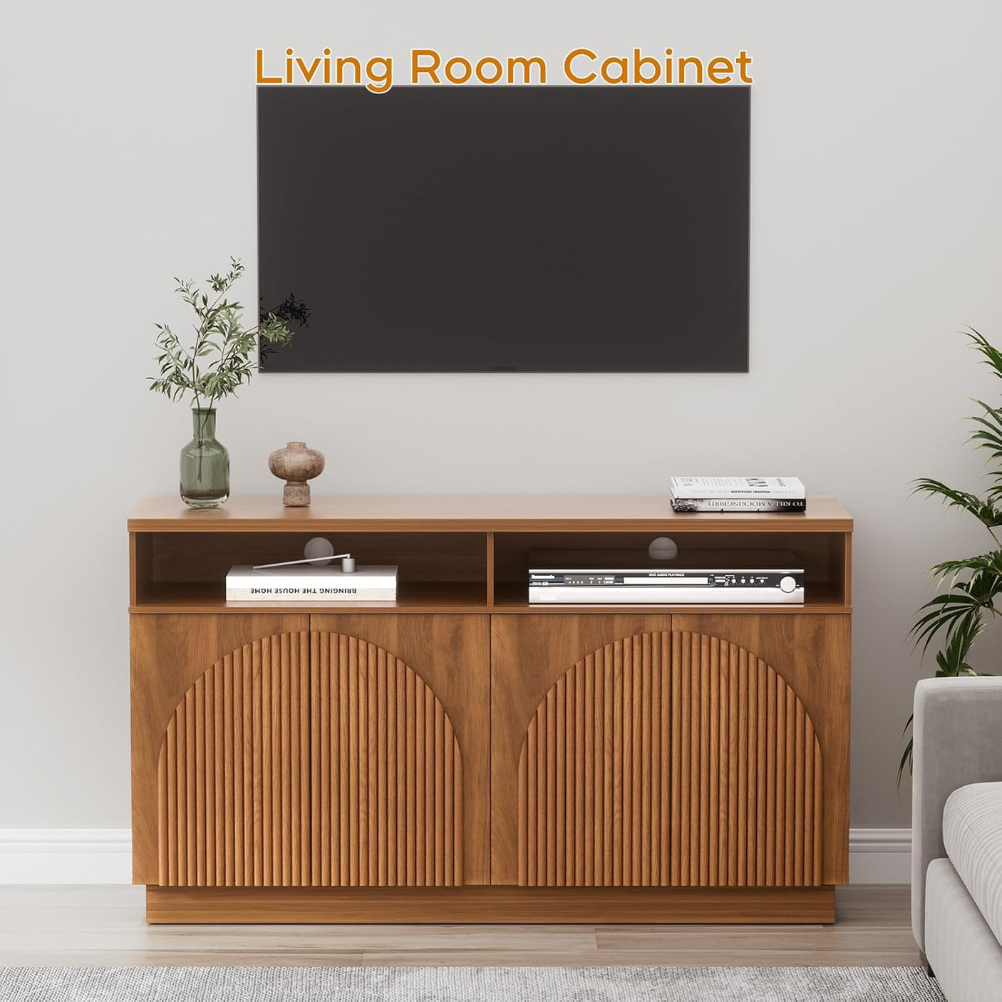 Fluted Sideboard Buffet Cabinet with Arched Reeded Doors - Mid Century Modern Storage