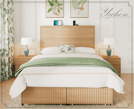 Retro Fluted Queen Bed Frame with 55" Tall Headboard and Storage Drawers