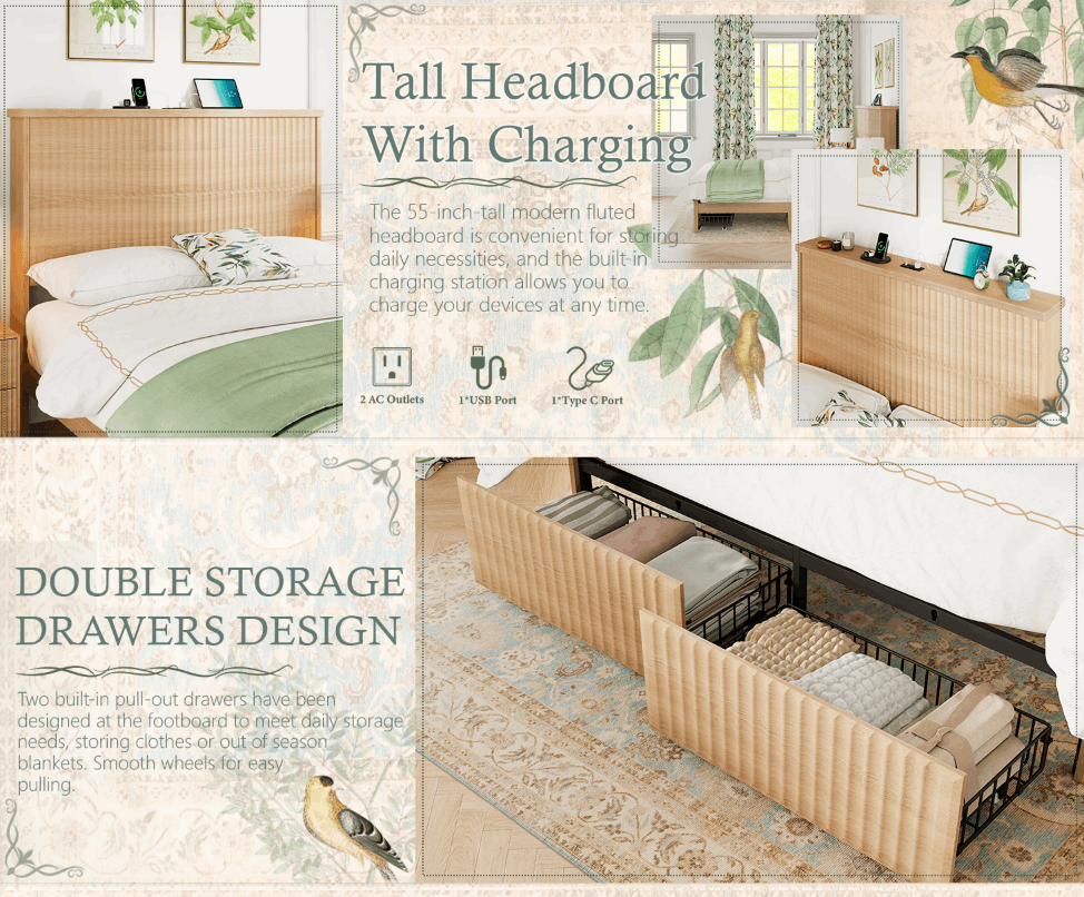 Retro Fluted Queen Bed Frame with 55" Tall Headboard and Storage Drawers