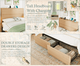 Retro Fluted Queen Bed Frame with 55" Tall Headboard and Storage Drawers