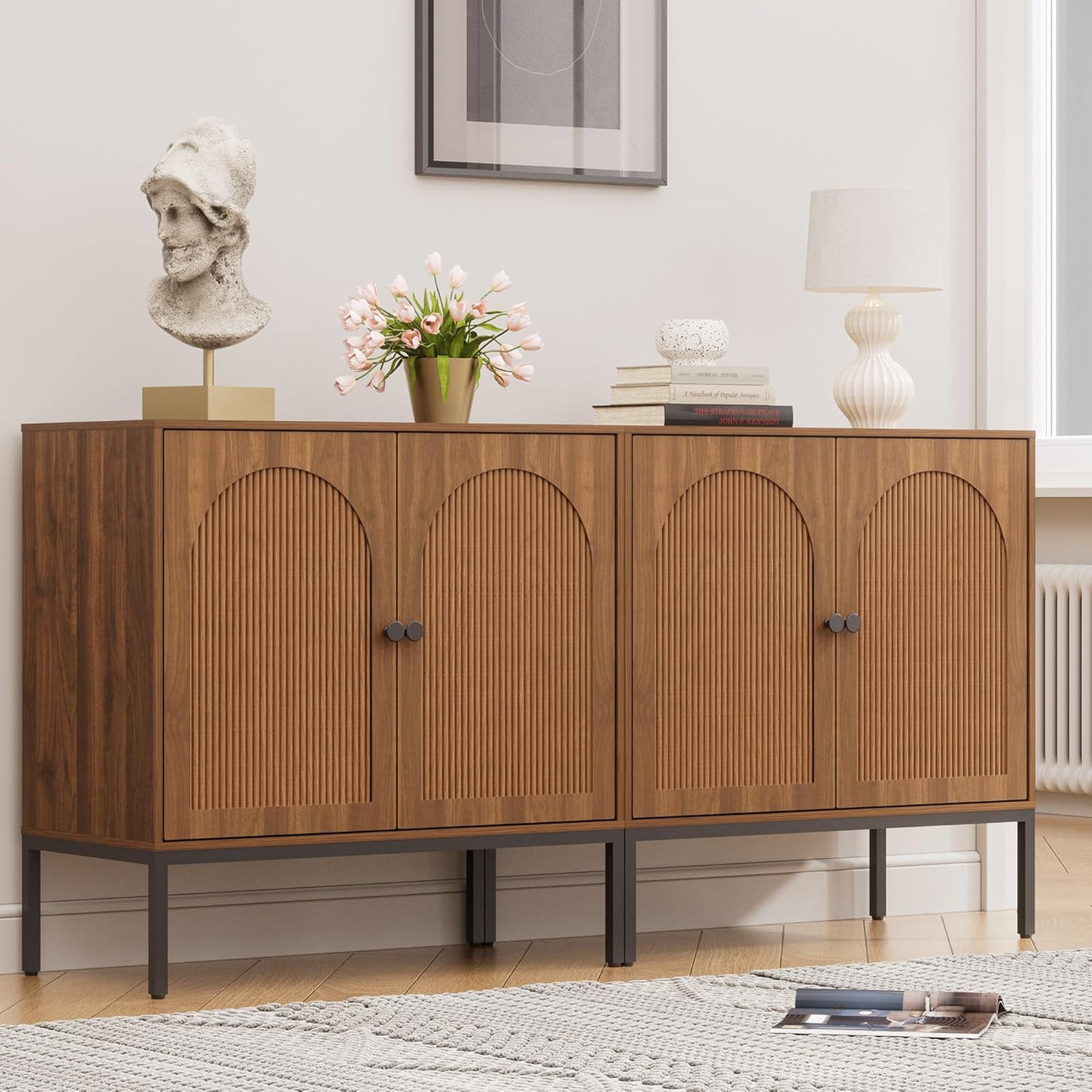 Fluted Sideboard Cabinet with Storage – 2-Door Arched Buffet Credenza | Mid-Century Modern | Walnut & Black
