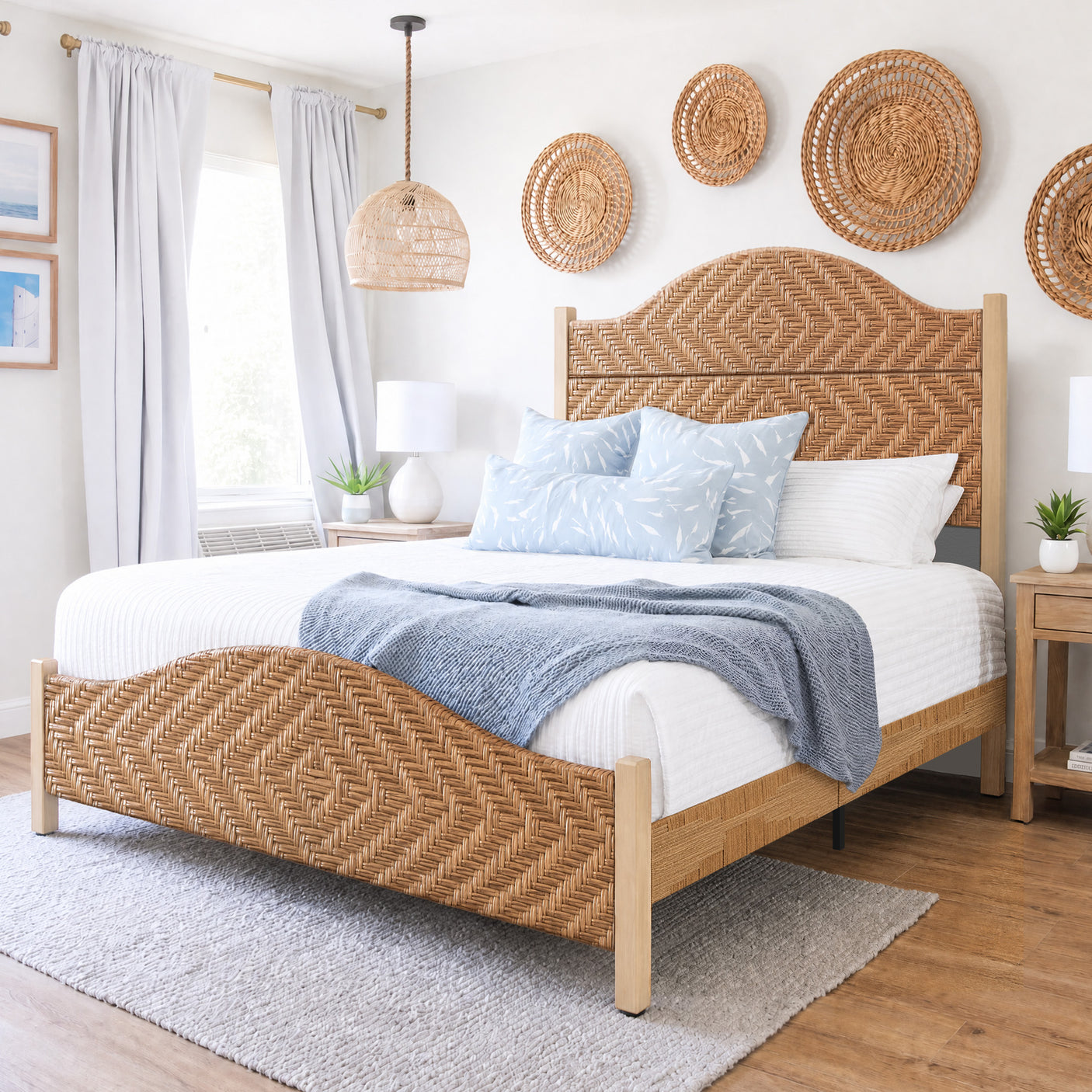 Yechen Rattan Bed Frame | Boho Tall Headboard with Solid Wood Legs