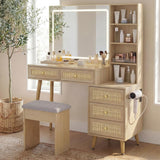 Rattan Makeup Vanity Set with Lighted Mirror & Stool | 43.3" | 5 Drawers | Charging Station | Natural Wood or Mint