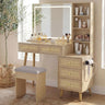 Rattan Makeup Vanity Set with Lighted Mirror & Stool | 43.3" | 5 Drawers | Charging Station | Natural Wood or Mint