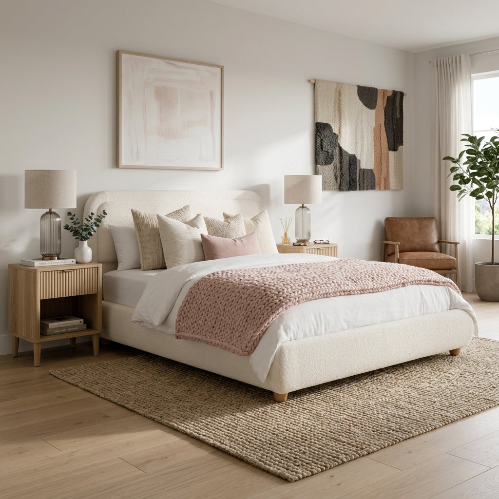 Cloud Boucle Bed Frame | Rounded Headboard, Solid Wood Legs, No Box Spring Needed