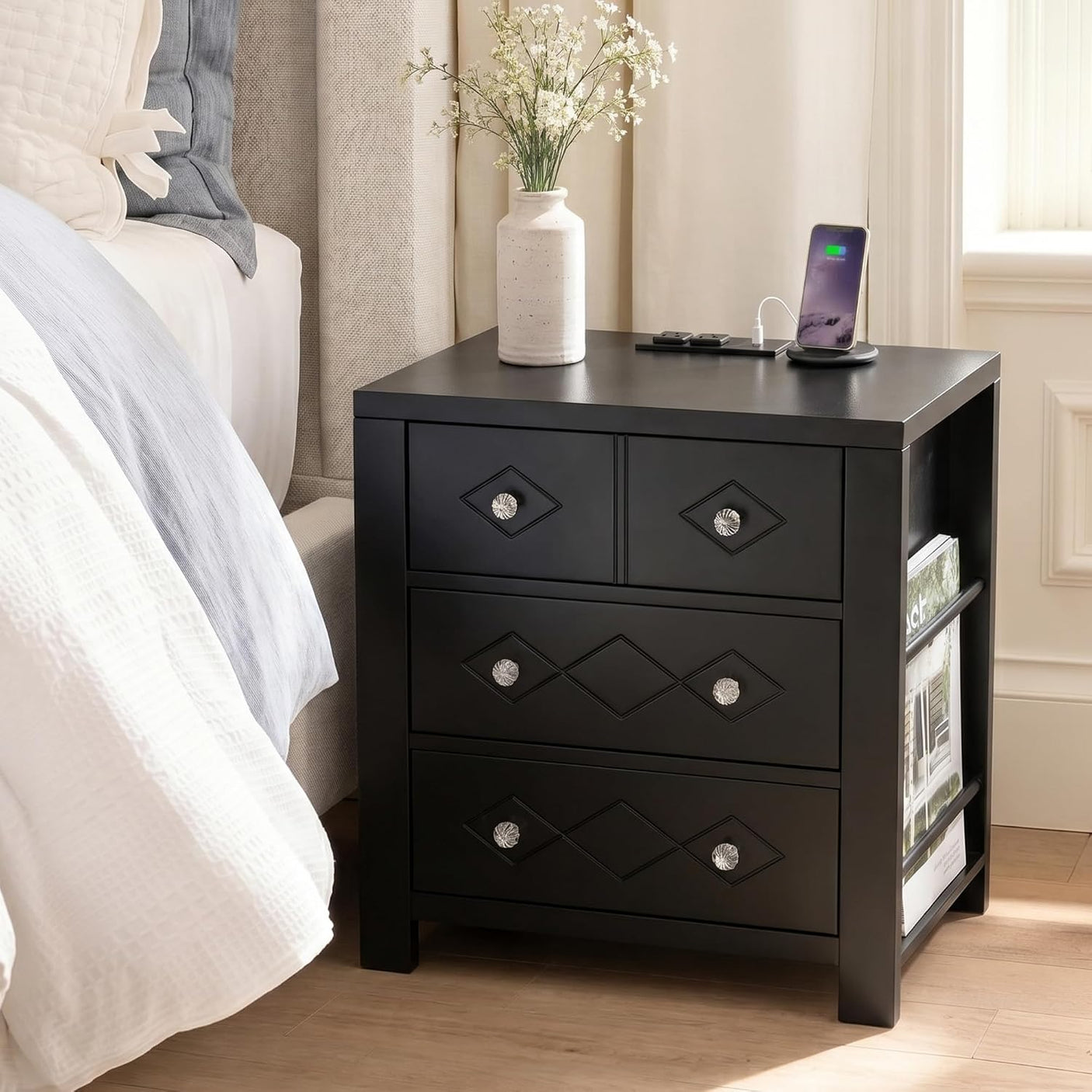 Yechen 3-Drawer Nightstand with USB-C & AC Outlets | Crystal Handles | White & Black
