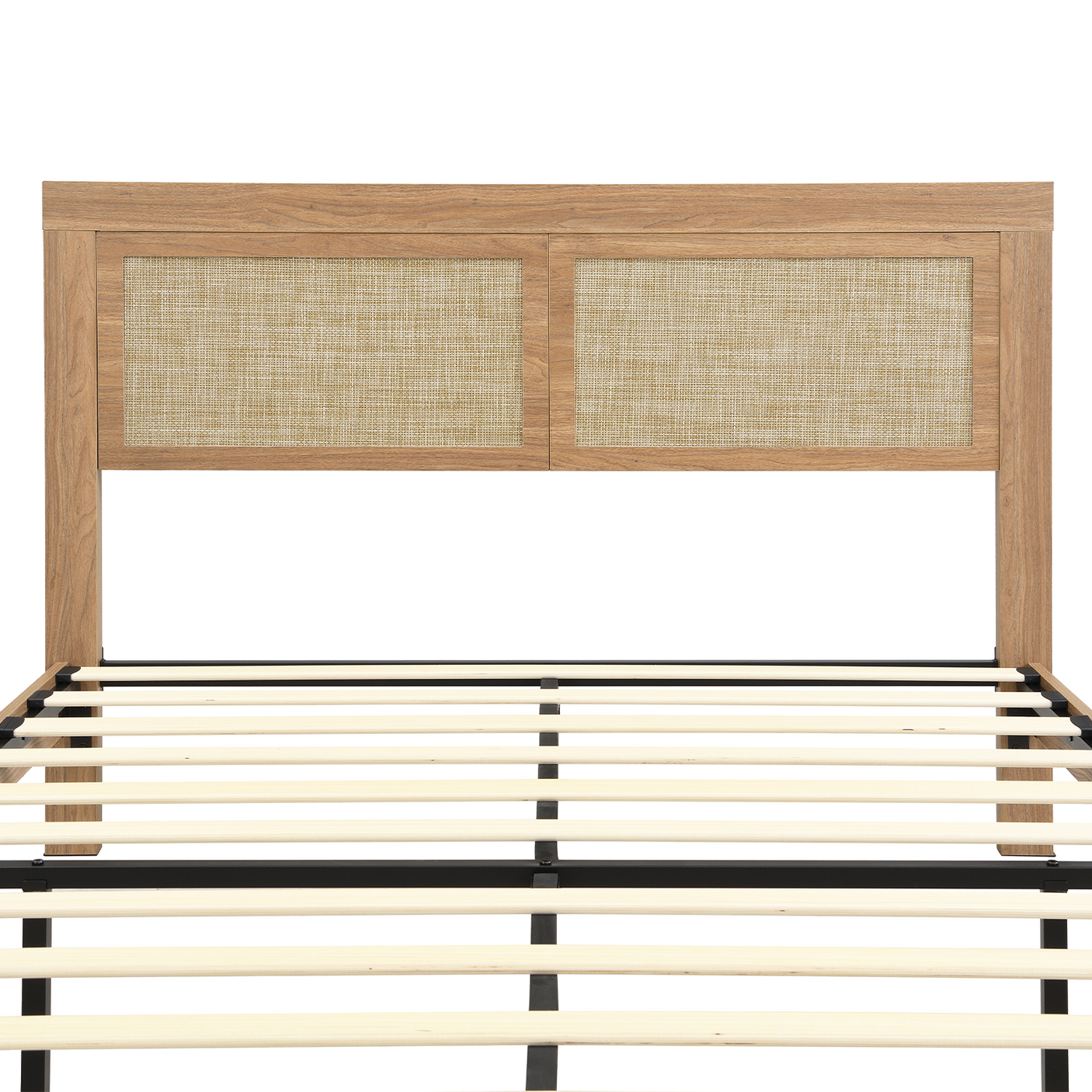 Rattan Boho Bed Frame with Headboard | Full Queen King | Natural Walnut Platform Bed