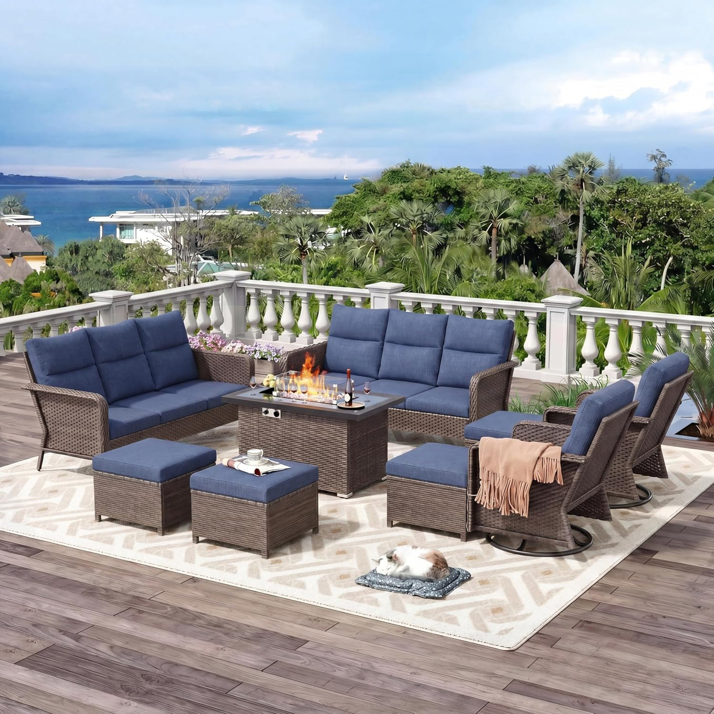 12-Piece Patio Furniture Set with Fire Pit Table, 360° Swivel Chairs & 3-in-1 Ottomans, Blue Wicker Conversation Set