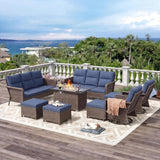 12-Piece Patio Furniture Set with Fire Pit Table, 360° Swivel Chairs & 3-in-1 Ottomans, Blue Wicker Conversation Set