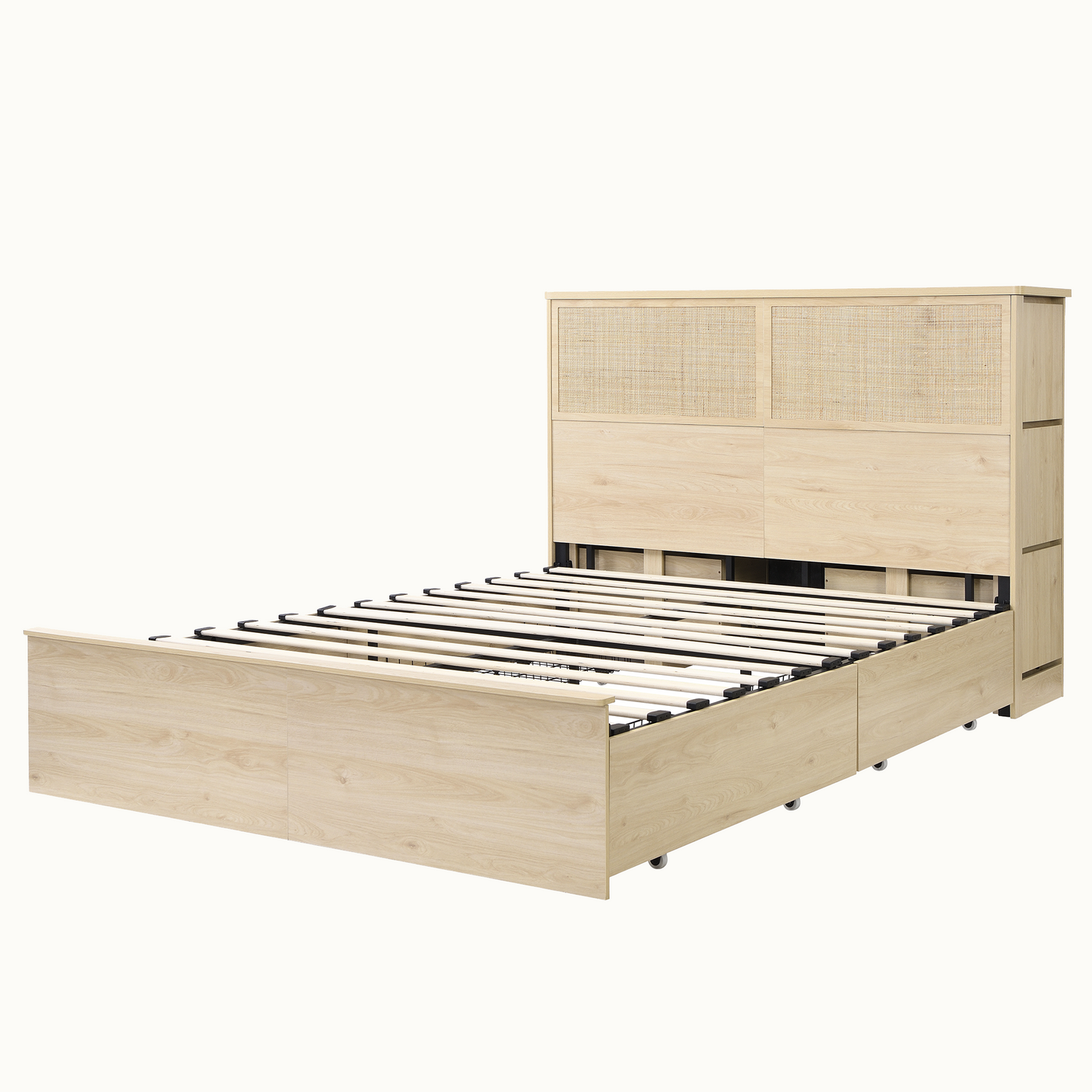 Boho Rattan Queen Bed Frame with Charging Station & 10 Storage Drawers