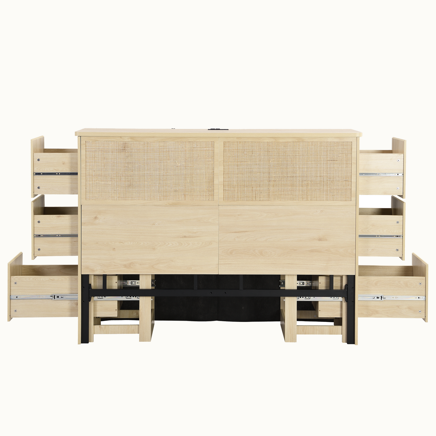 Boho Rattan Queen Bed Frame with Charging Station & 10 Storage Drawers