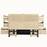 Boho Rattan Queen Bed Frame with Charging Station & 10 Storage Drawers