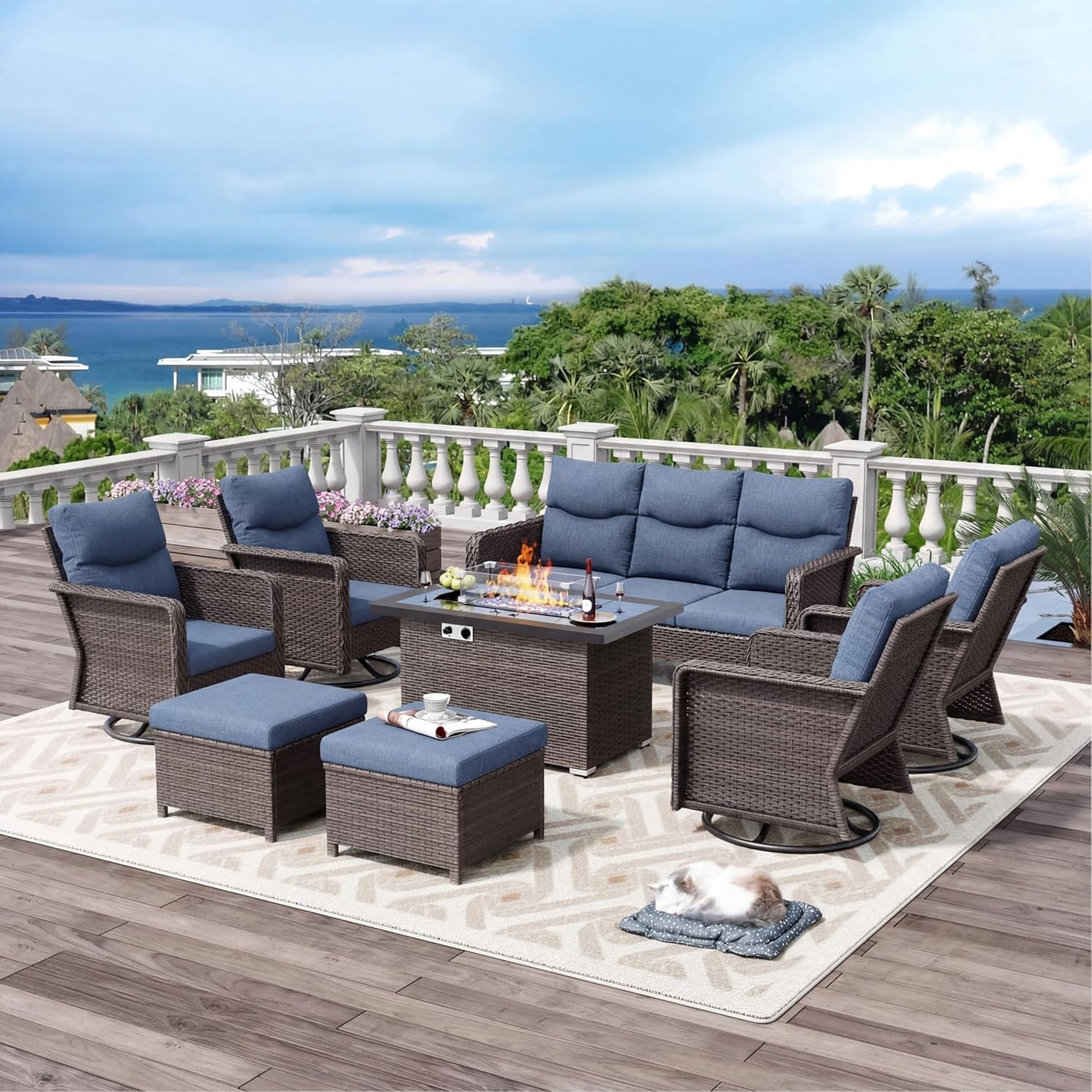 9-Piece Outdoor Patio Furniture Set with 44" Propane Fire Pit Table, 360° Swivel Chairs & 3-in-1 Ottomans, Blue Wicker Conversation Set