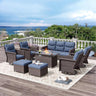 9-Piece Outdoor Patio Furniture Set with 44" Propane Fire Pit Table, 360° Swivel Chairs & 3-in-1 Ottomans, Blue Wicker Conversation Set