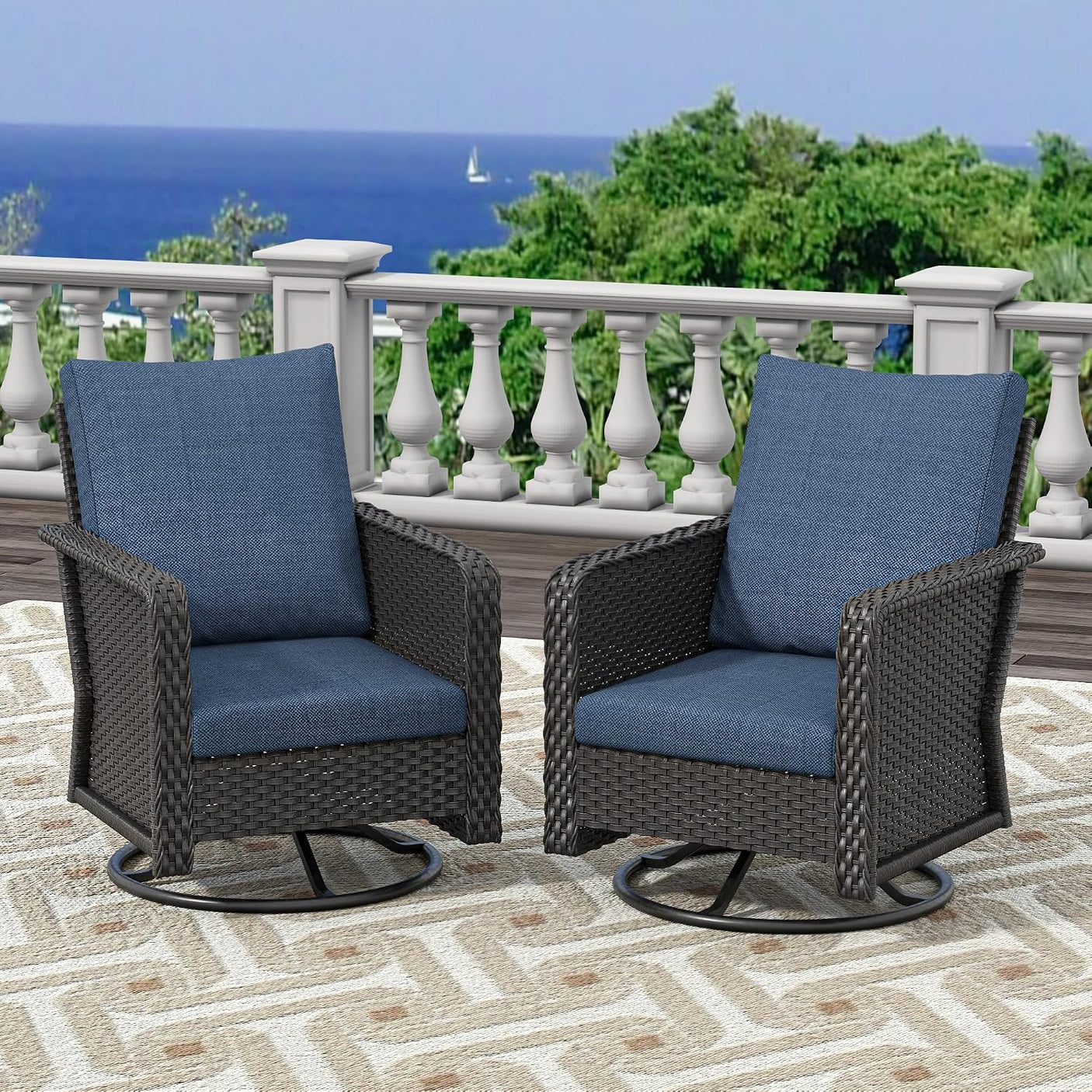 Outdoor Swivel Chair Set | PE Wicker Patio Conversation Set with Cushions | Blue