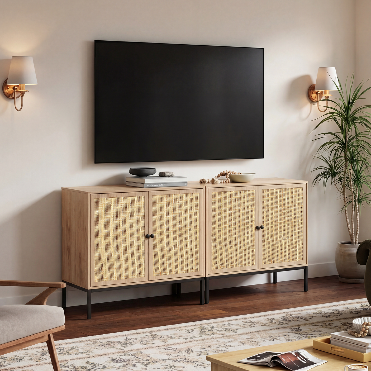 Sideboard Cabinet with Natural Rattan Decorated Doors
