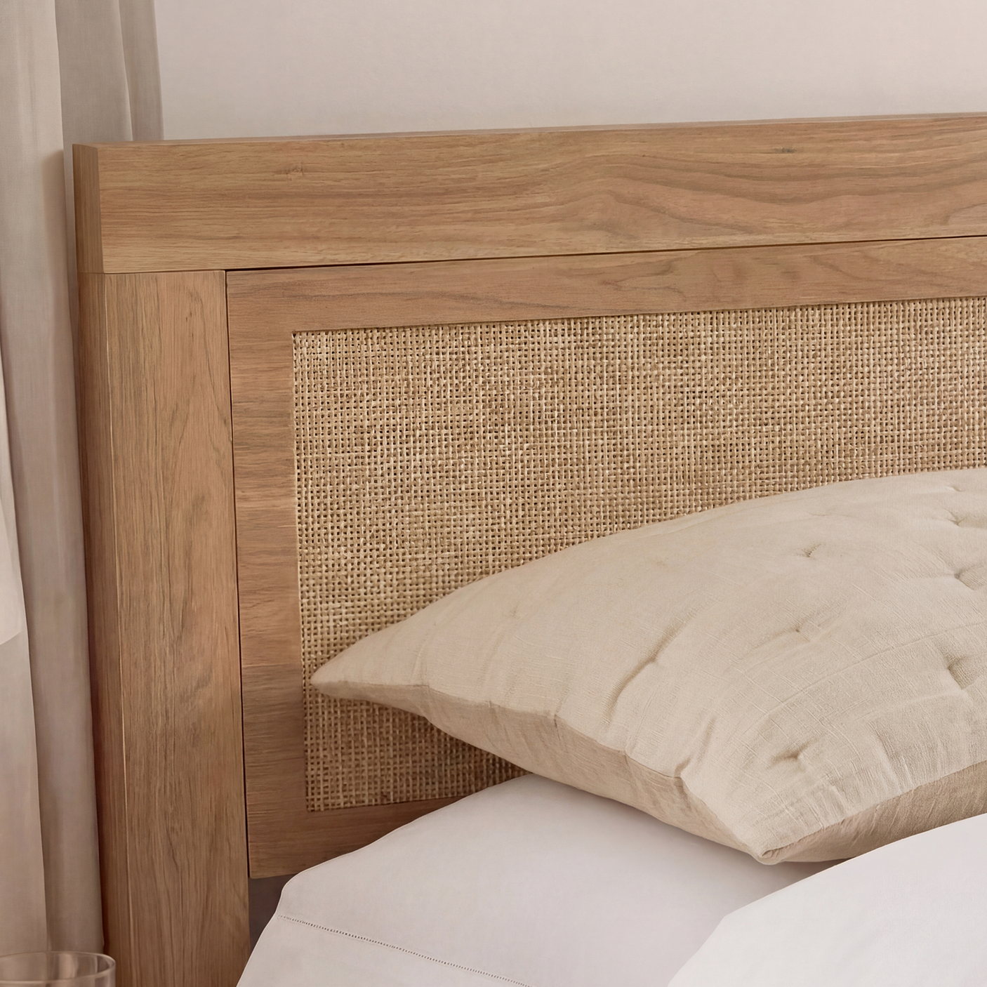 Rattan Boho Bed Frame with Headboard | Full Queen King | Natural Walnut Platform Bed
