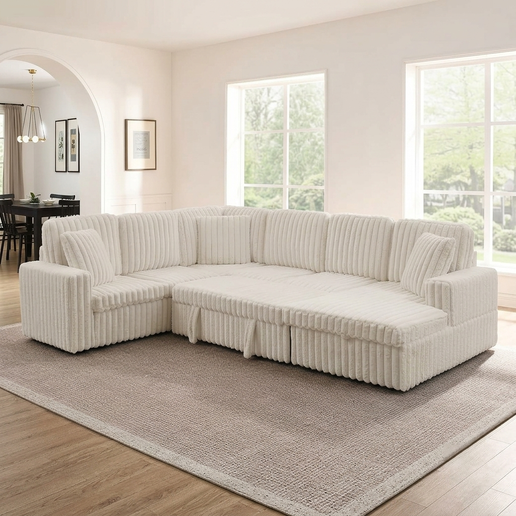 114" U-Shaped Sectional Sofa with Pull-Out Bed, Storage Chaise & USB Ports | Plush Corduroy, Seats 7