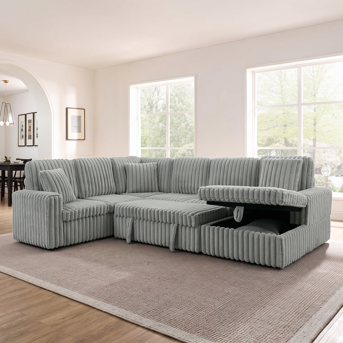 114" U-Shaped Sectional Sofa with Pull-Out Bed, Storage Chaise & USB Ports | Plush Corduroy, Seats 7