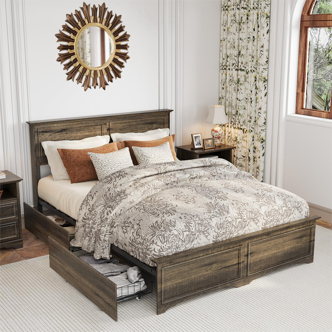 Farmhouse Queen Size Bed Frame with 4 Storage Drawers