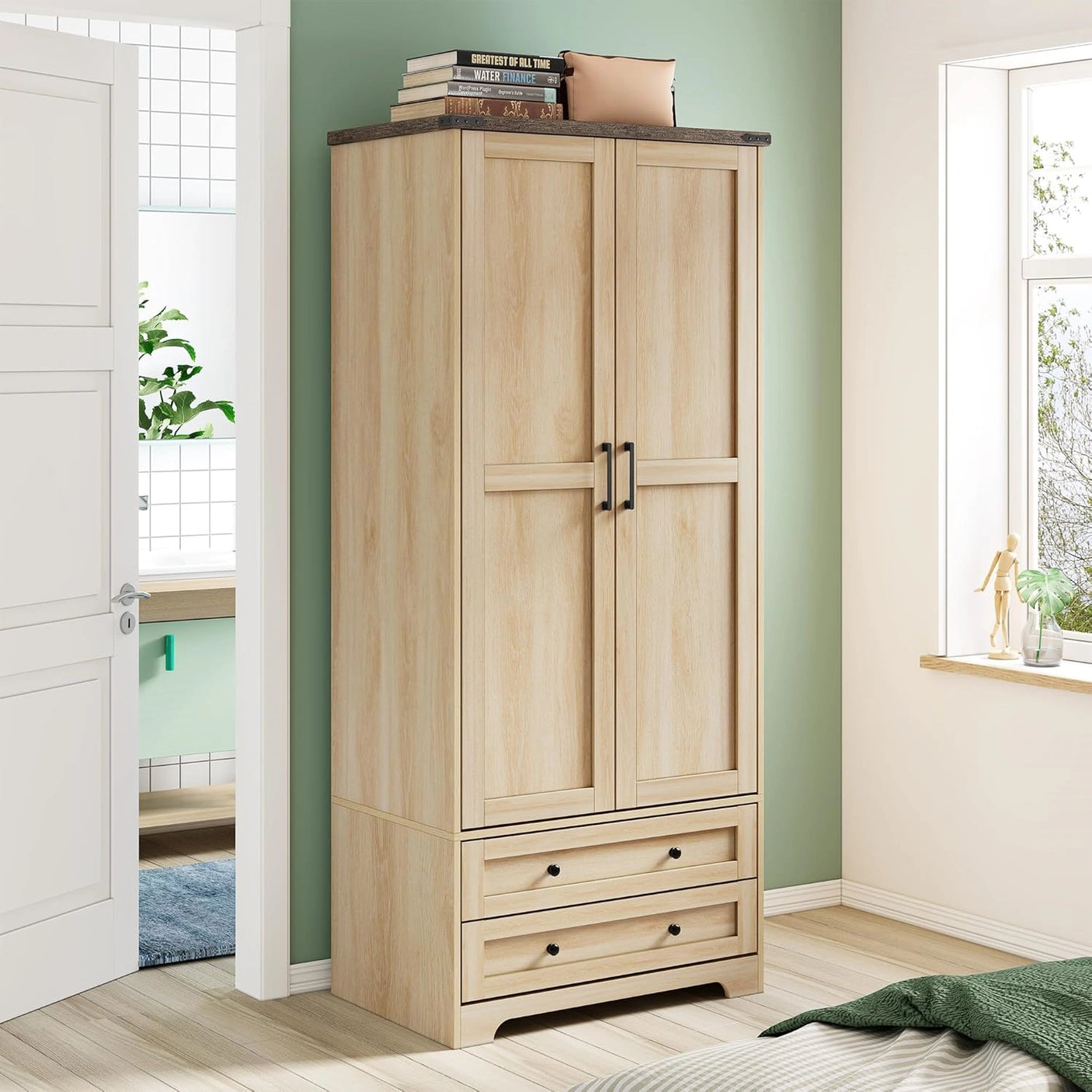 YECHEN 71" Modern Armoire Wardrobe: All-in-One Storage with 2 Drawers & Adjustable Shelves