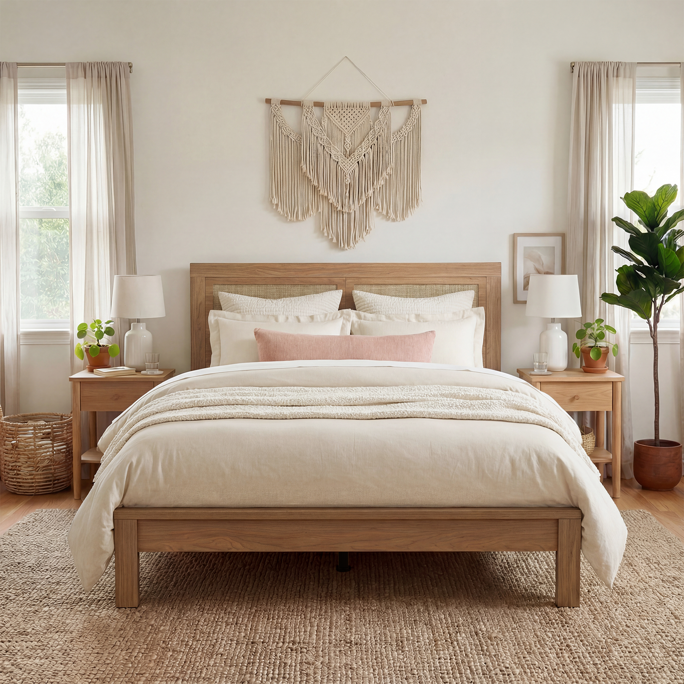 Rattan Boho Bed Frame with Headboard | Full Queen King | Natural Walnut Platform Bed