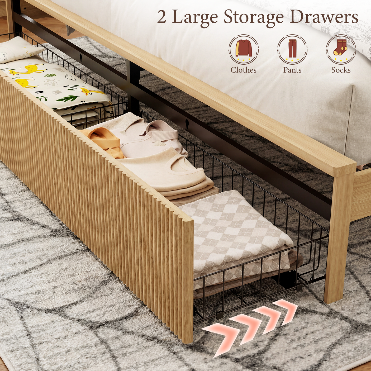 Yechen Modern Arched Reeded Wood Bed | 2 Storage Drawers | Natural Oak