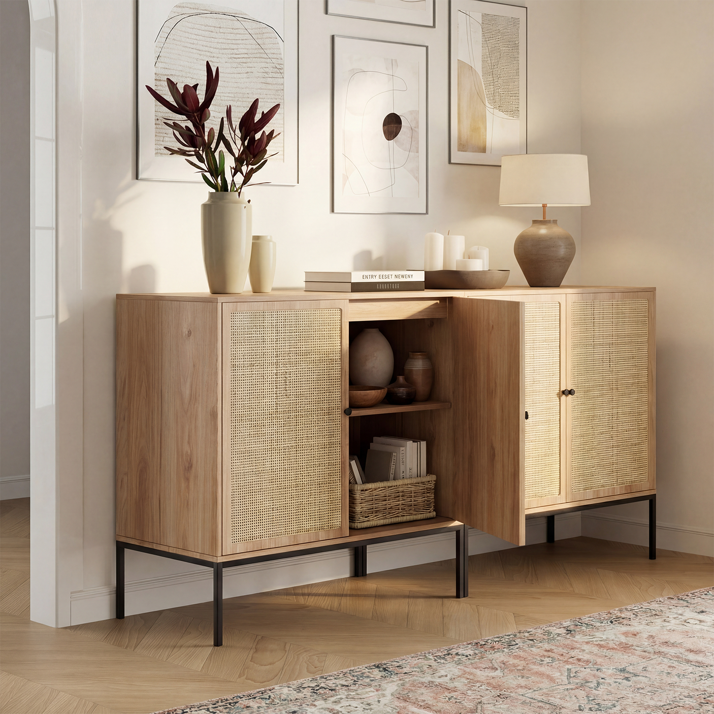 Sideboard Cabinet with Natural Rattan Decorated Doors