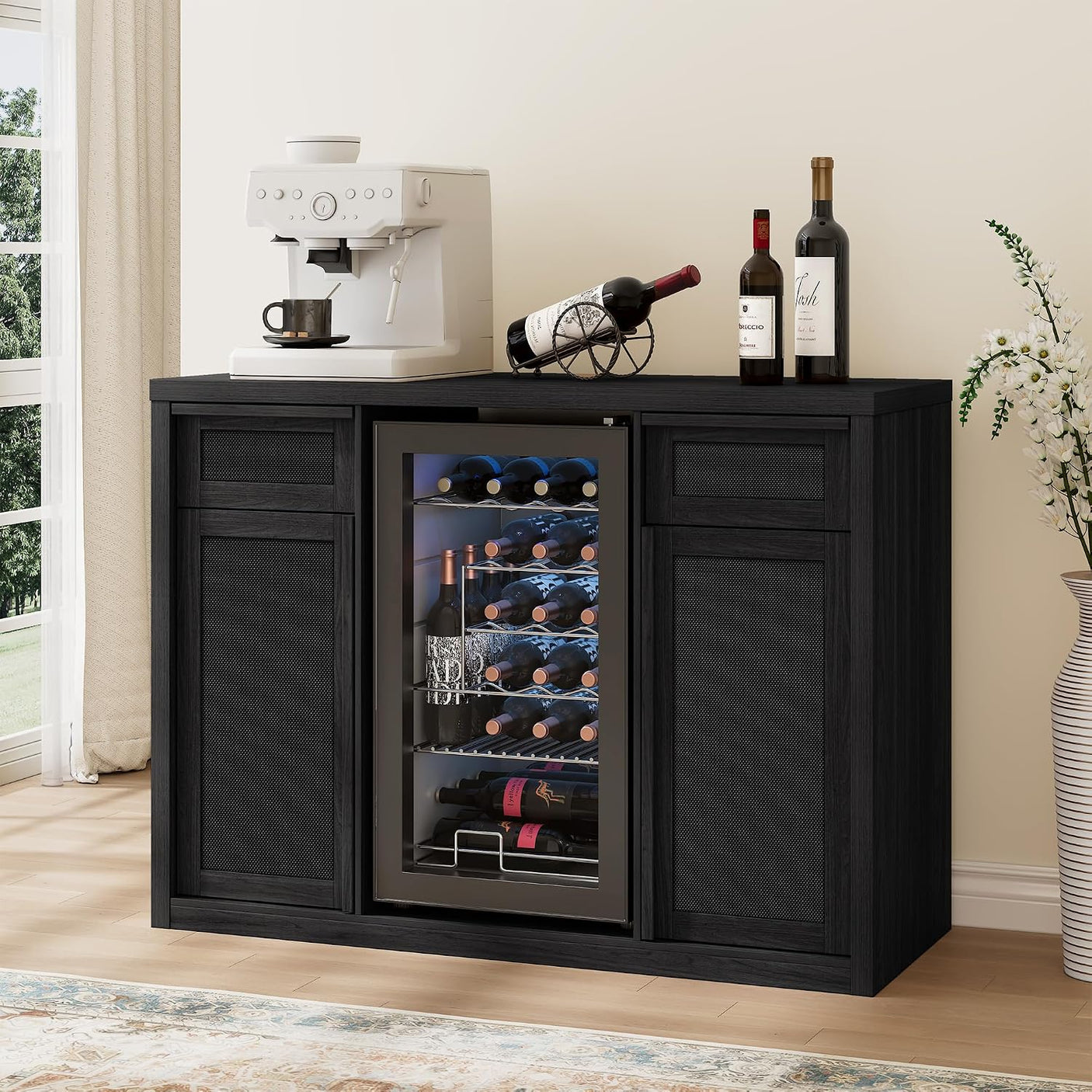 Rattan Coffee Bar Cabinet with Mini Fridge Space - Boho Sideboard with Wine Storage
