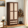 Yechen Walnut Wooden Wardrobe Closet with Rattan Doors, Drawers & Shelves | Farmhouse Armoire for Bedroom