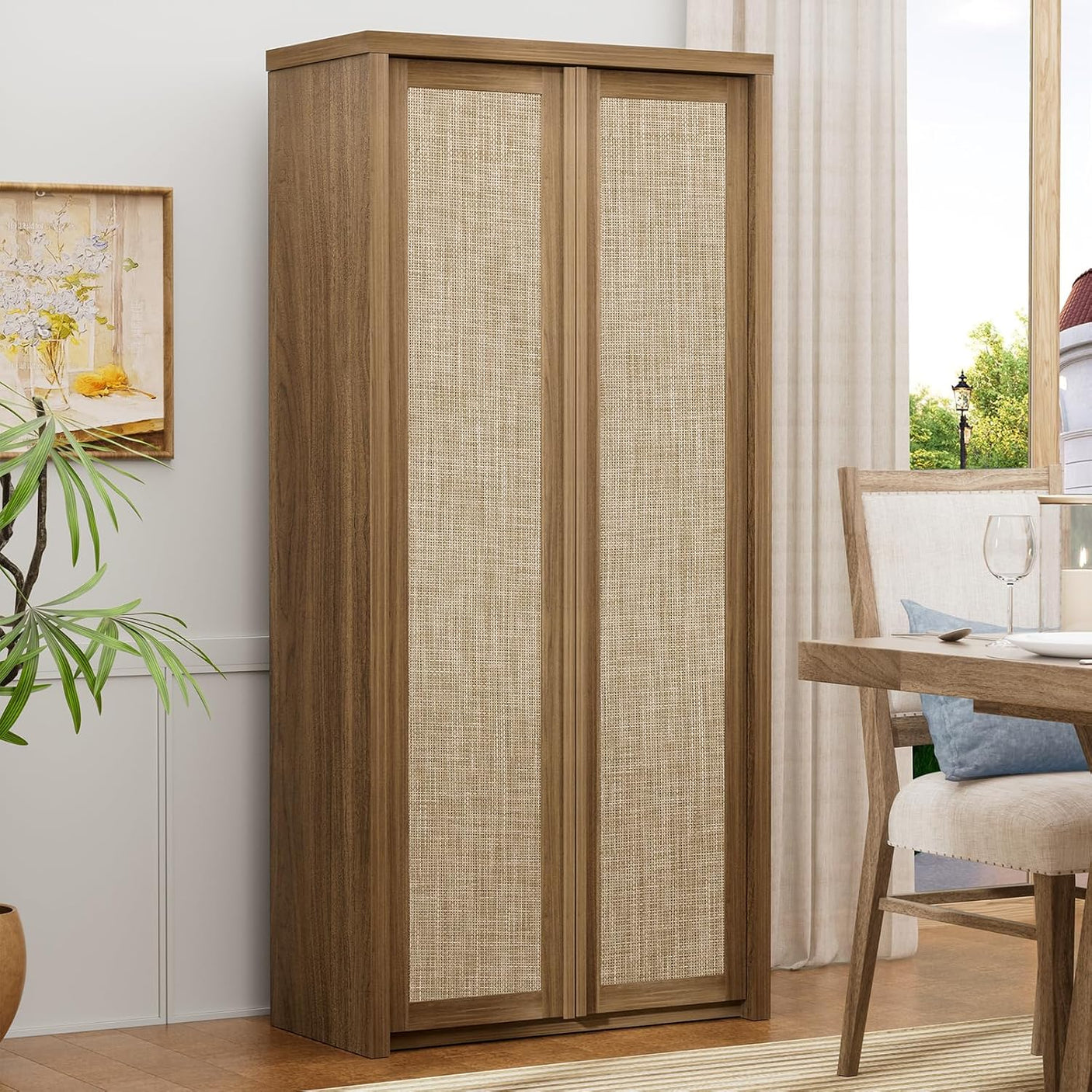Yechen 67" Tall Rattan Pantry Cabinet with Adjustable Shelves, Dark Walnut/Natural Walnut