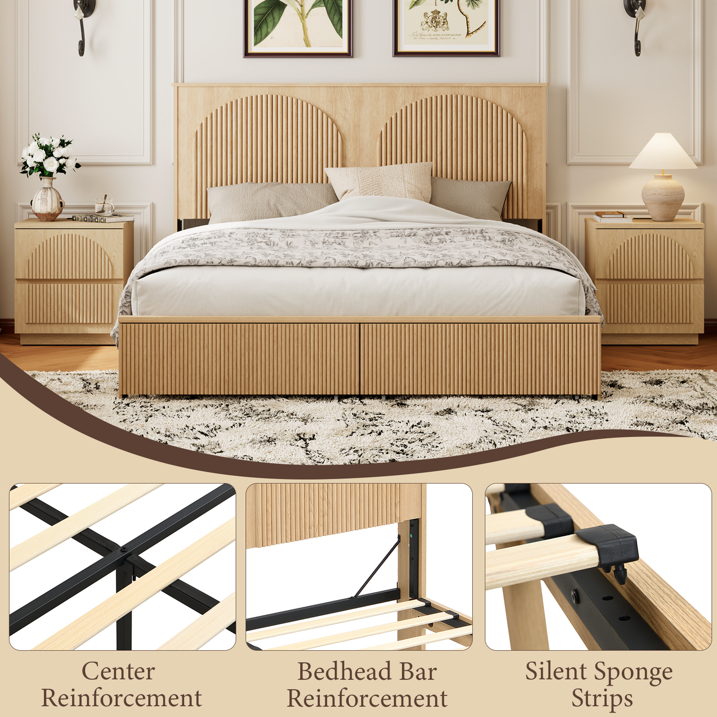 Yechen Modern Arched Reeded Wood Bed | 2 Storage Drawers | Natural Oak
