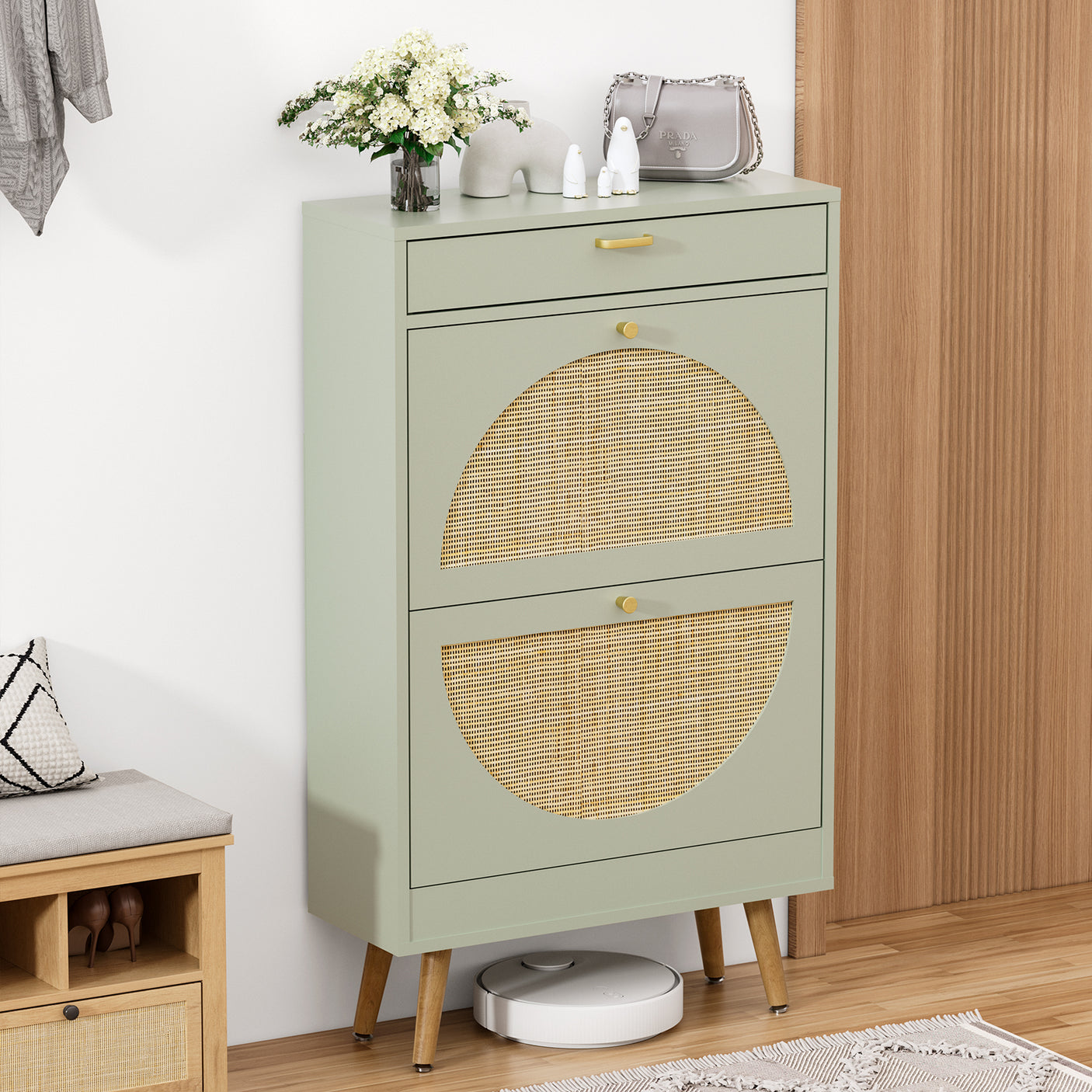 Wooden Entryway Storage Shoe Cabinet with Rattan Doors