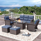 7-Piece Outdoor Patio Furniture Set with 44" Gas Fire Pit Table, 360° Swivel Chairs & Fade-Resistant Cushions, Blue Wicker Conversation Set