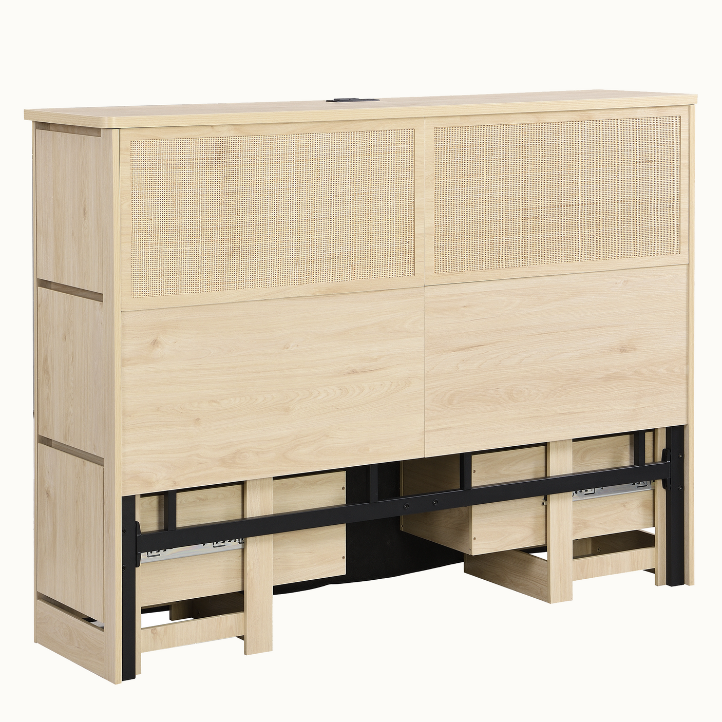 Boho Rattan Queen Bed Frame with Charging Station & 10 Storage Drawers