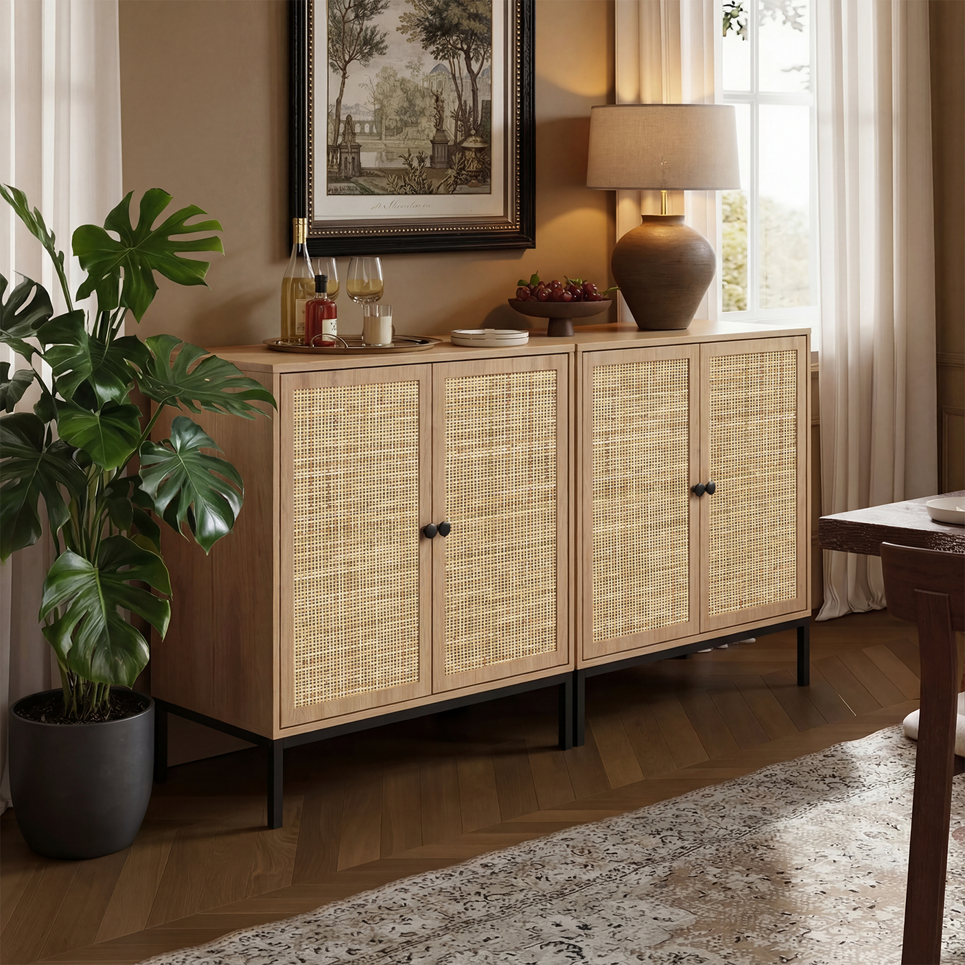 Sideboard Cabinet with Natural Rattan Decorated Doors
