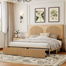 Yechen Modern Arched Reeded Wood Bed | 2 Storage Drawers | Natural Oak