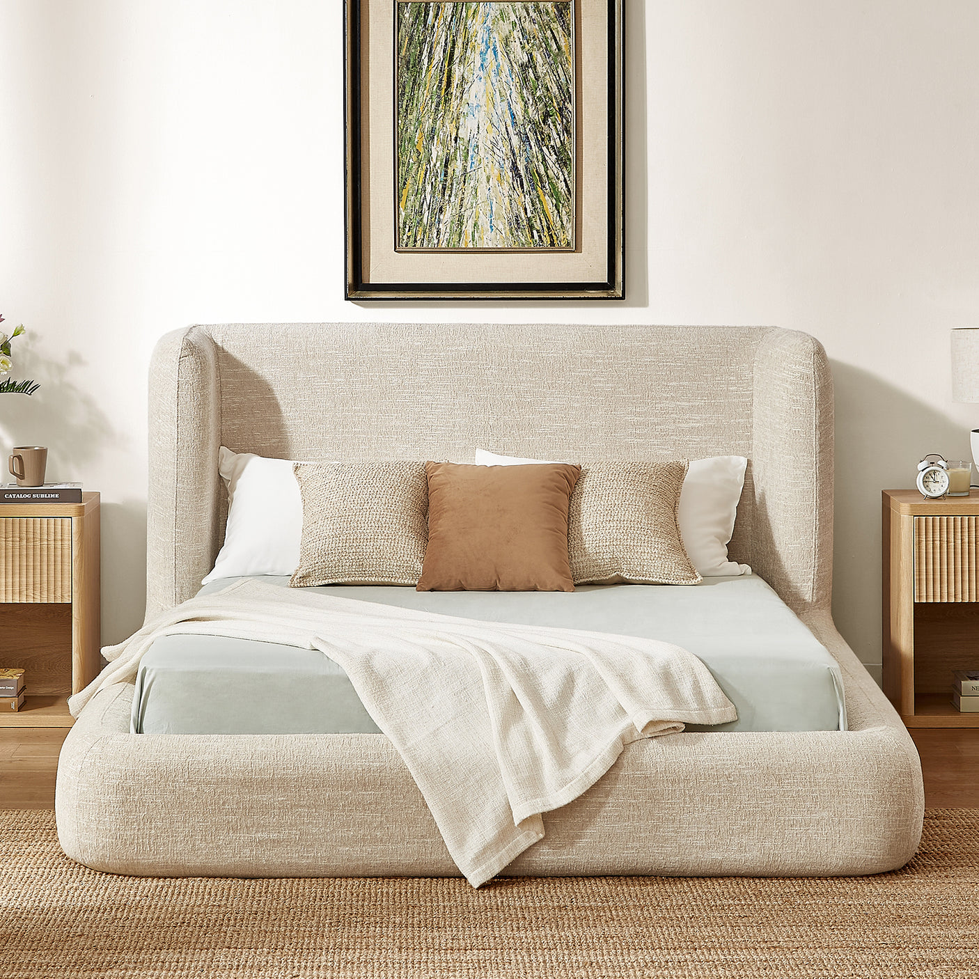 YECHEN Queen Cloud Bed Frame - Modern Upholstered Platform Bed with Curved Headboard, Water-Resistant Bouclé Fabric, Tool-Free Assembly, No Box Spring Needed