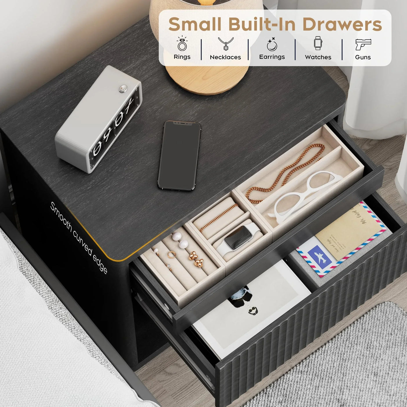 Large Modern Nightstand with Small Built-in Drawers